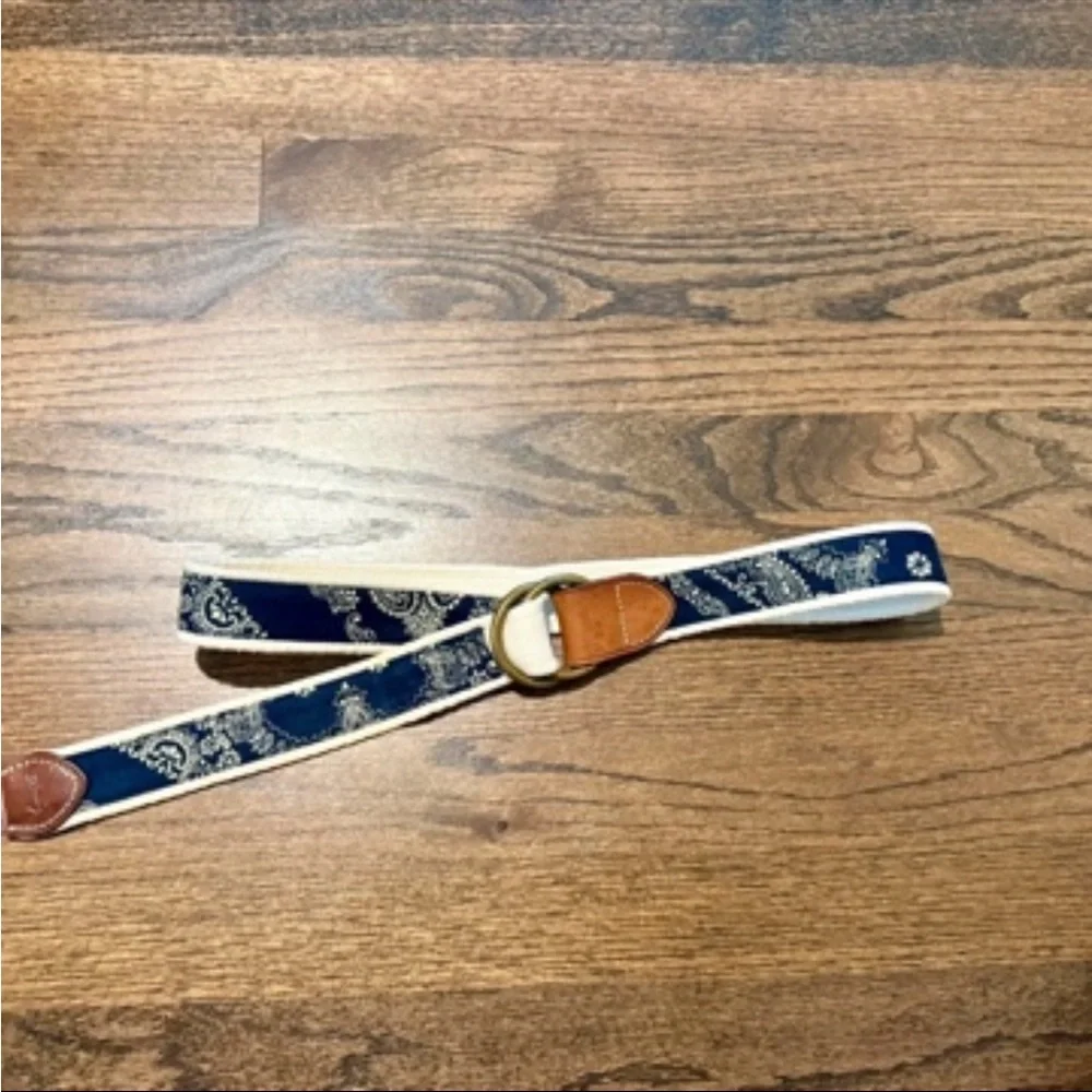 Ralph Lauren Navy Paisley Canvas Belt with Brown Leather and Gold Buckle